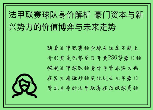 法甲联赛球队身价解析 豪门资本与新兴势力的价值博弈与未来走势