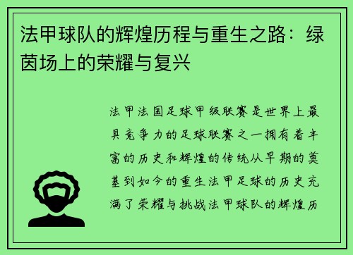 法甲球队的辉煌历程与重生之路：绿茵场上的荣耀与复兴