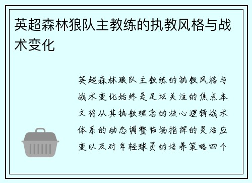 英超森林狼队主教练的执教风格与战术变化